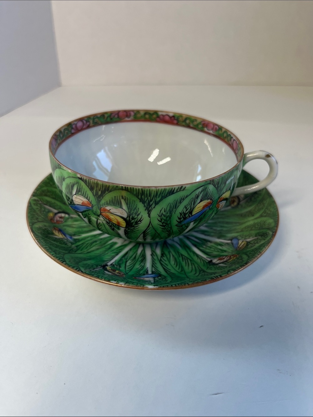 Chinese Famille Verte Bok Choy Tea Cup and Saucer Set (2)